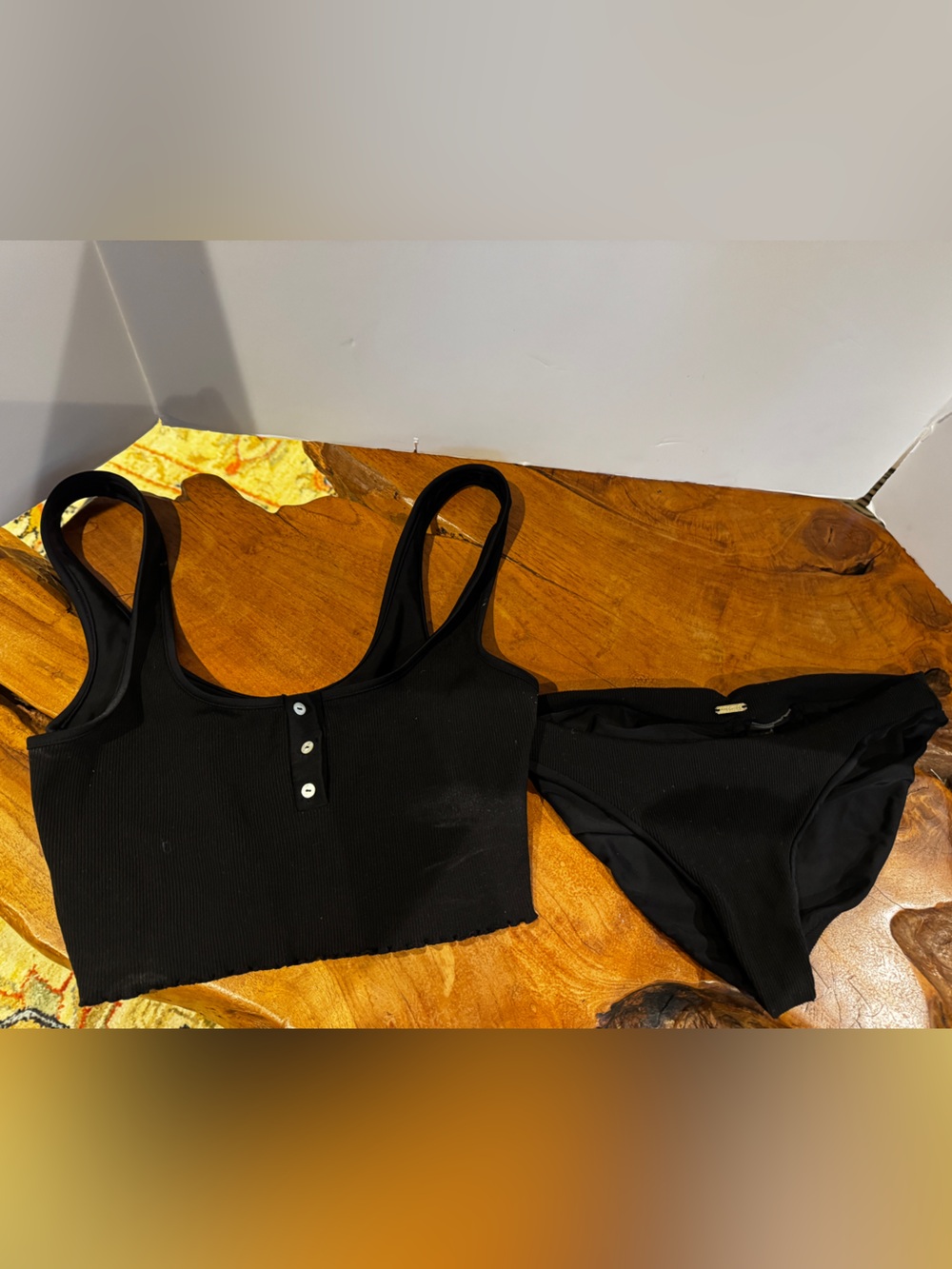 Beach Bunny Bikini Presley Black Ribbed Cropped Tank Top& swimsuit Bottom Lg